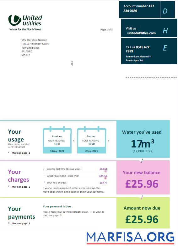 Downloadable UNITED KINGDOM UNITED UTILITIES utility bill Word and PDF template